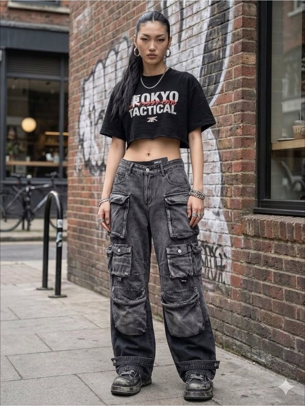 Micas Black Ombre Multi-Pocket Wide Leg Cargo Skater Y2K Cyber-Grunge Jeans L